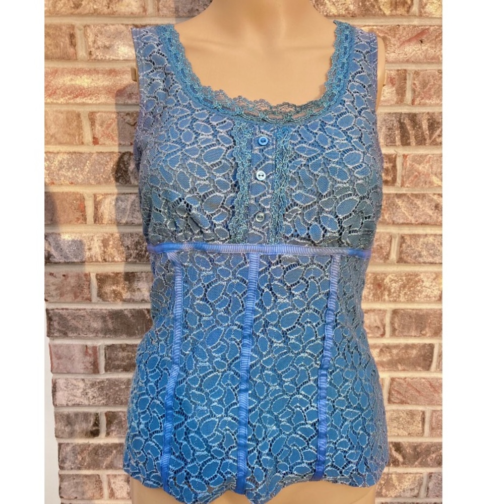 Y2K Style Eyelet Lace Dusty Blue Tank Top